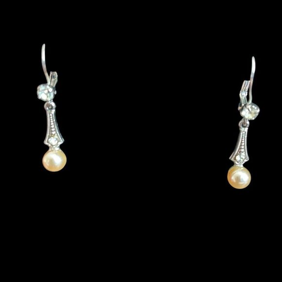 Vintage Earrings Germany Dangle Pierced Simulated Pearl Clear Rhinestones 1-1/4" - Picture 3 of 4